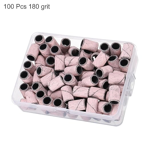 HARFINGTON 100pcs Small Sanding Bands 180 Grit for Nail Drill Bits Mini Sanding Band for Nails Gel Manicures Light Pink