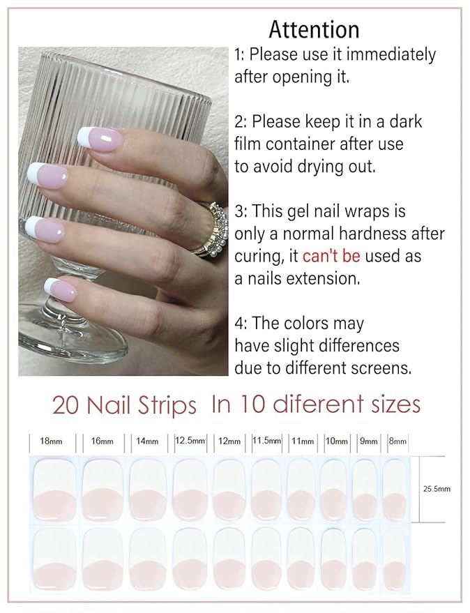 Semi Cured Gel Nail Strips, Classic French, Nude Base 20pcs Gel Nails Sticker for Home Nails DIY