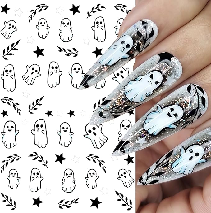 8 Sheets Halloween Nail Art Stickers Decals Ghost Pumpkin Nail Decals 3D Self-Adhesive Pink Mushroom Flower Ghost Nail Supplies Nail Decorations Gothic Nail Sticker for Women Halloween Party
