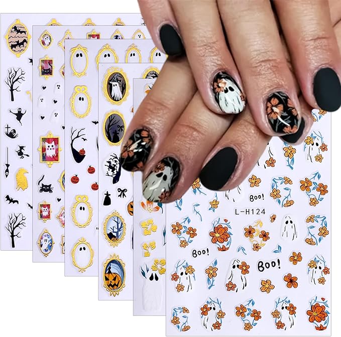 6 Pcs Halloween Nail Art Stickers Funny Ghost Nail Stickers Flower Bat and Spider Web Design Nail Decals Cute Pumpkin Nail Sticker Decorations for Women Manicure