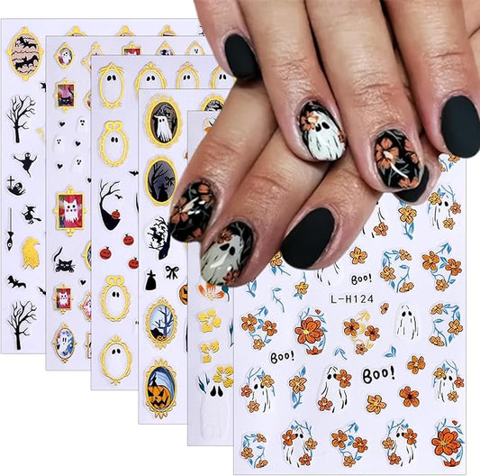 6 Pcs Halloween Nail Art Stickers Funny Ghost Nail Stickers Flower Bat and Spider Web Design Nail Decals Cute Pumpkin Nail Sticker Decorations for Women Manicure