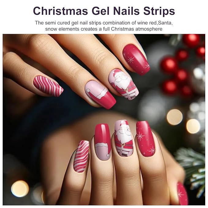 Semi Cured Gel Nail Strips,28 pcs Christmas Nail Stickers for Women,Long Lasting Gel Strips with Any UV Light,Red Santa Sticker for Nails Easy to Apply