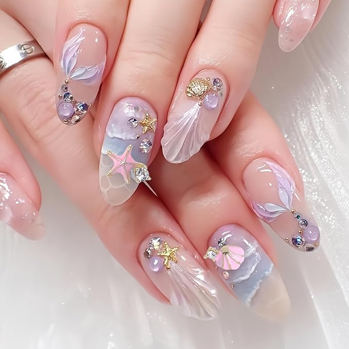24Pcs Alloy Seashell Starfish Nail Charms for Acrylic Nails 3D Shiny Metal Seashell Starfish Nail Rhinestone Ocean Silver Diamond Starfish Nail Charms Nail Accessories for Women DIY Manicure Decor
