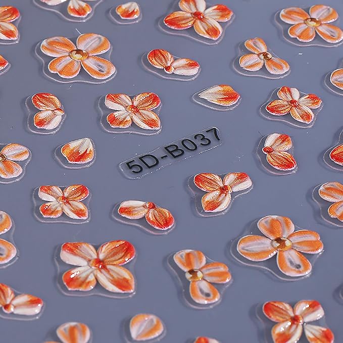 1 Sheets 5D Embossed Flower Nail Decals for Nail Art Self-Adhesive Cute Floral Nail Art Stickers Hawaii Flowers Nail Stickers Fall Nail Design Sticker for Women DIY Nail Decoration