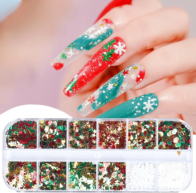 Christmas Glitter Nail Art Sequins, 3D Christmas Tree Snowflakes Love Heart Stars Circle Nail Sparkly Flakes Design Supplies for Women Girls Manicure Holiday Decorations, Xmas Resin Nail Art Tips