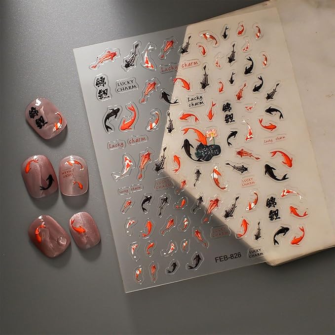 Fish Nail Art Stickers Summer Nail Stickers 5D Embossed Koi Fish Nails Decals Star Design Self Adhesive Nails Supplies for Women