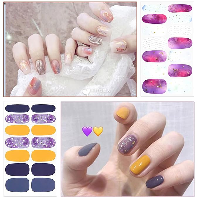 WOKOTO 20 Sheets Cute Colorful Nail Polish Stickers Stick On Nail Polish Strips For Nails Art Polish Stickers With Nail File Gel Nail Wraps Strips Stickers Mix-Design Nail Gel Stickers For Women