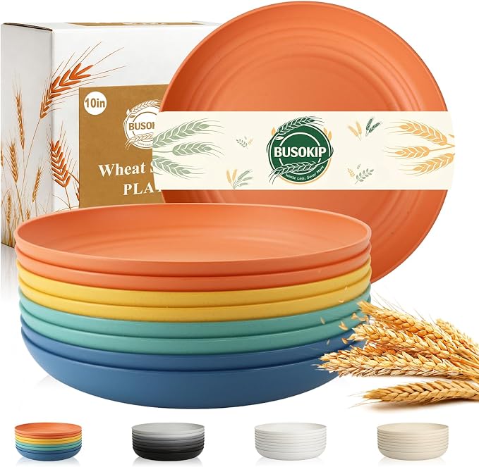 10 Inch Dinner Plates Set of 8, Unbreakable Wheat Straw Plates, Plastic Plates by BUSOKIP