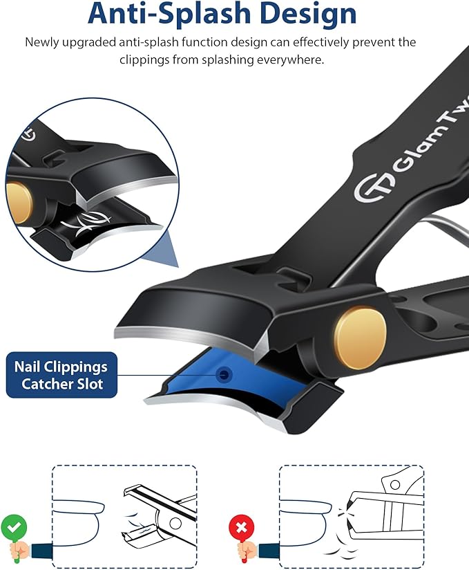 Anti-Splash Wide Jaw Opening Nail Clippers - GlamTweeler Ultra Sharp Extra Large Wide Opening Fingernail and Toenail Clipper with Glass Nail File (Black_Slanted)