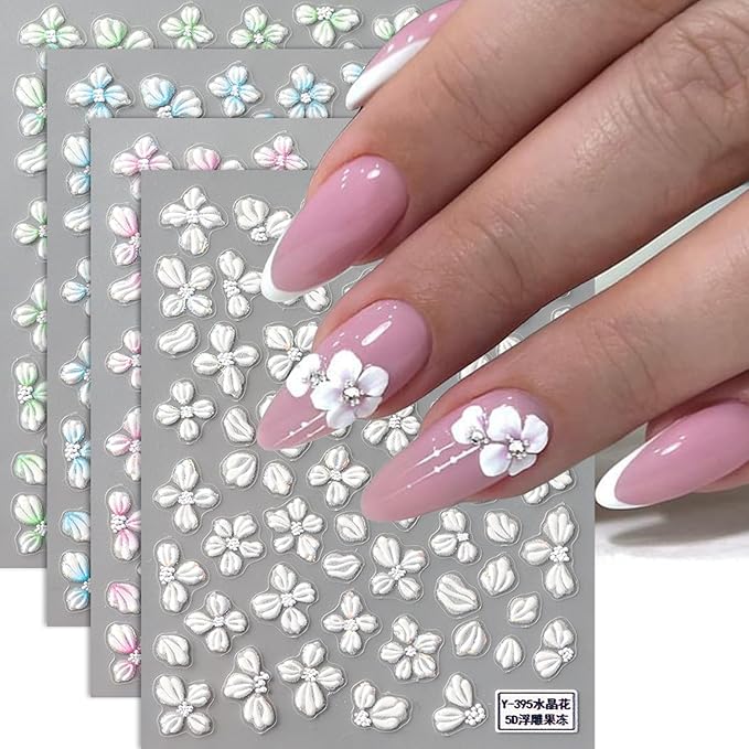Flower Nail Sticker for Nail Art,Spring Nail Decals Embossed 5D Embossed Crystal Camellia Four-Petal Floral Nail Design Lovely Flowers for Nails Adhesive Gel Slider Charm Decor Manicure Accessories