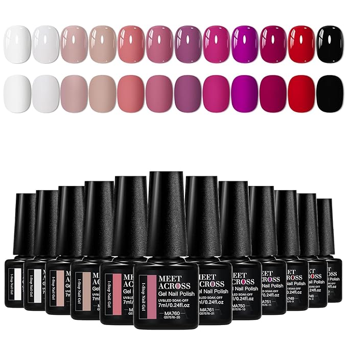MEET ACROSS One Step Gel Nail Polish Set 12 Colors Nude Purple Red Black White Gel Polish Set Soak Off LED Starter Kit Nail Art DIY Manicure Gifts
