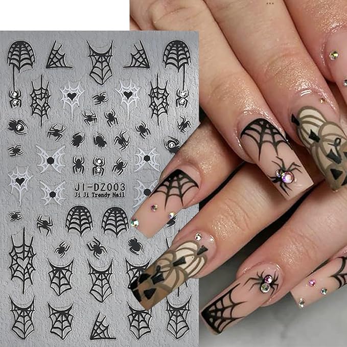Spider Ghost Nail Stickers for Nail Art, Halloween Cute Spider Web Crystal Diamond Spider Design Nail Decals 3D Self-Adhesive Halloween Nail Art Stickers Holiday Nail Decoration for Women 6Sheets