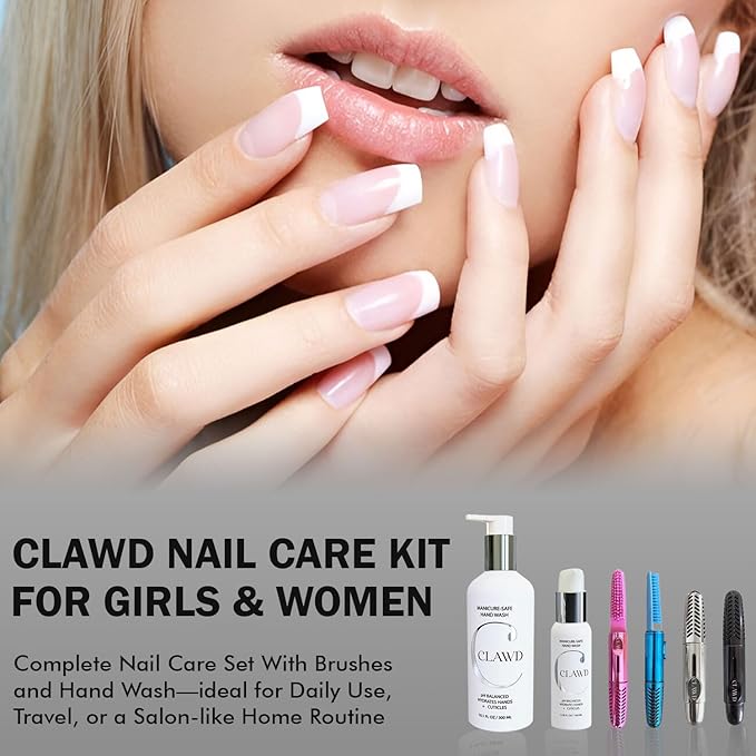 CLAWD Nail Care Kit for Girls and Women, Includes Nail Brush for Cleaning Fingernails, Fingernail Brush, Nail Scrubber Brush, Hand Wash 100ml & 300ml, Black, Blue, Silver, Pink Brushes | Set of 6