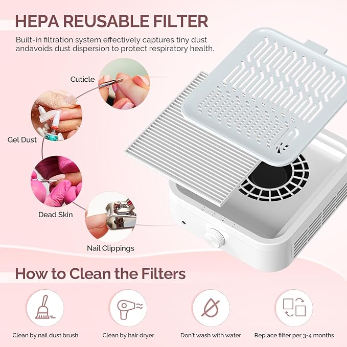 LIONVISON Nail Dust Collector for Acrylic: 120W Professional Nails Dust Collector With Reusable HEPA Filter For Home Salon Use - Portable 3 Speed Vacuum DIY Manicure For Nail Art Beginners (Grey)