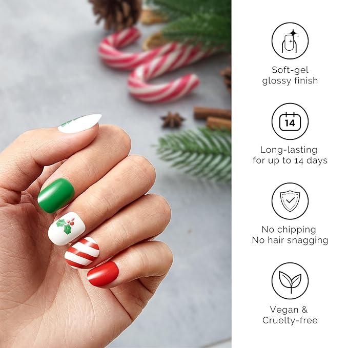 NAILOG 20 Pcs Gel Nail Strips - Extra Long Nail Wraps with Glossy Gel Finishing Green, Festive Fir
