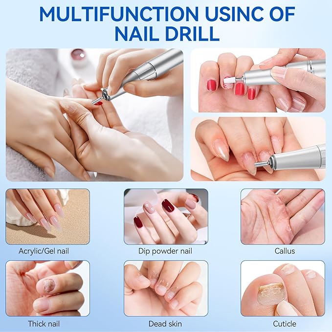 Nail Drill, Professional 45000RPM Electric Nail File with 12 Drill Bits Remover Gel Nail Polish Acrylic Nails Manicure for Salon Home(White)