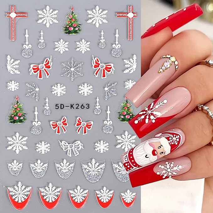 5D Christmas Nail Art Stickers Glitter Snowflakes Nail Decals Red Bells Christmas Tree French Nail Design Self Adhesive Stickers for Women Girls DIY Nail Art Decoration (Gold Silver)