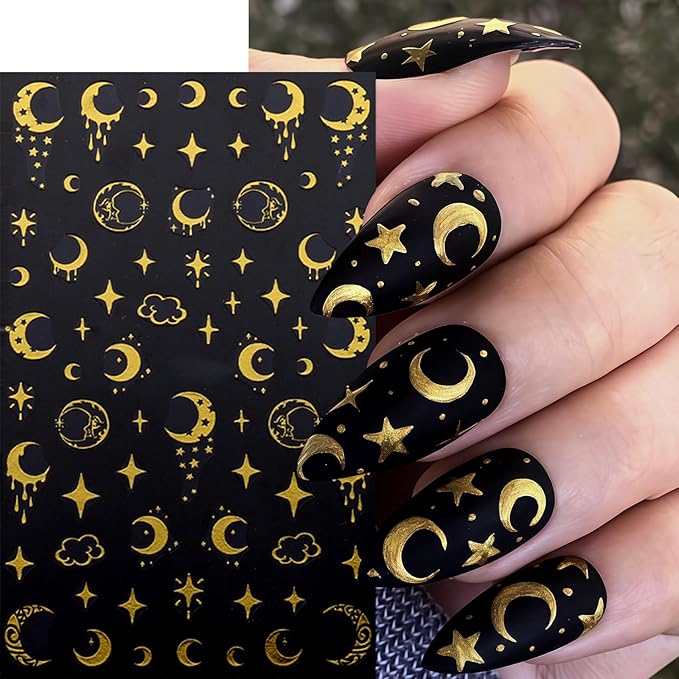 6 Pcs Gold Star Nail Stickers for Nail Art,Self-Adhesive Red Diamond Star Moon Nail Decals Star Moon Sun Pegatinas Uñas Cute Stars Nail Design Stickers Nail Art Supplies for Women Nail Decorations