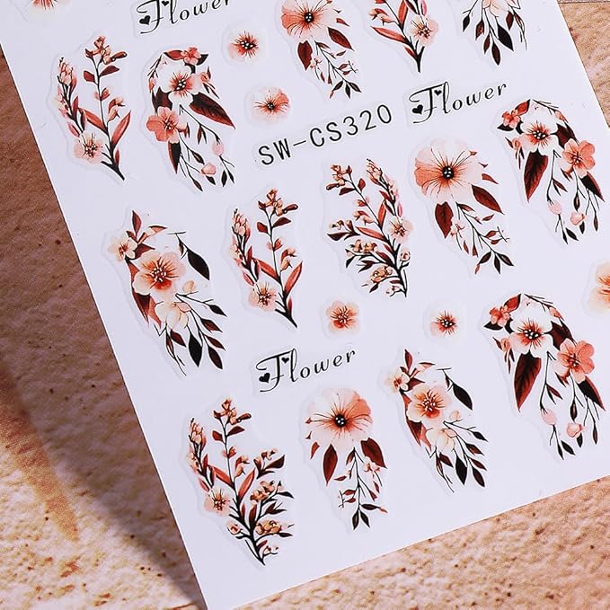 Fall Flower Nail Art Stickers Decals 3D Self-Adhesive Flower Nail Decals Nail Art Supplies 6PCS Brown Flowers Leaf Fall Winter Nails Design Manicure Sliders Accessories for Women DIY Nail Decorations
