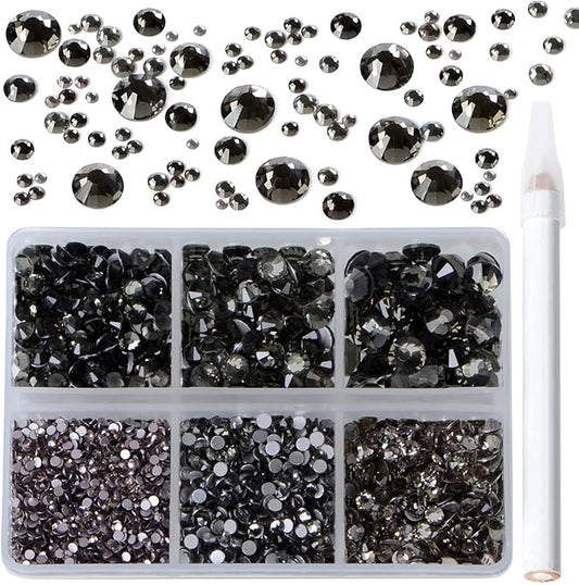 Bymitel 5000 Pieces 6 Mixed Sizes Glue Fix on Glass Rhinestones Round Crystal Gems Flatback for DIY Jewelry Making with one Picking Pen(6-Sizes 5000PCS, Black Diamond)