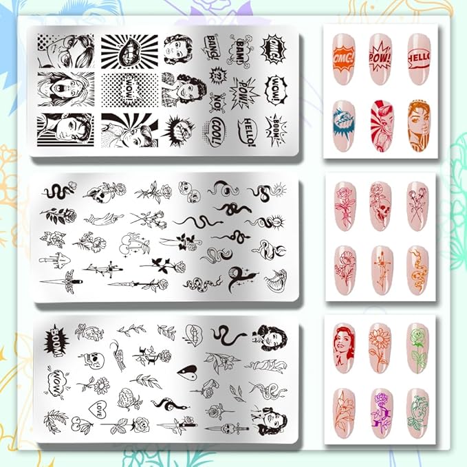 PH PandaHall 3pcs Comic Text Nail Stamping Plates, Retro Avatar Snake Rose Skull Nail Stamper Nail Art Stencils Print Nail Stencils Stainless Steel Nail Image Plate for Nail Art Design Manicure Salon