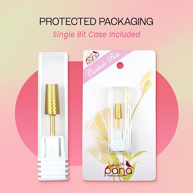 PANA Tapered Barrel Carbide 3/32" Shank Size - (Gold, Medium Grit) - Fast remove Acrylic or Hard Gel Nail Drill Bit for Manicure Pedicure Salon Professional or Beginner