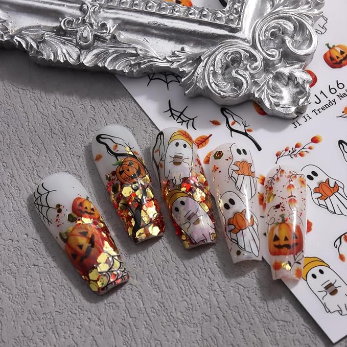 Halloween Nail Art Stickers Decals 3D Pumpkin Ghost Nail Decals 6PCS Skull Ghost Virus Leaf Bat Halloween Nails Design 3D Self-Adhesive Nail Art Supplies Manicure Sticker for Women Holiday Decoration