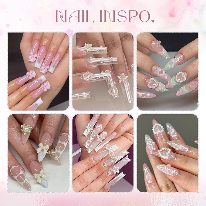 3D Nail Charms and Gems Set 9, 20PCS Chunky Butterfly Charms + 60PCS Coquette Nail Bows in 2 Styles + 3D Flowers for Nails with Rhinestones, Pearls, Diamonds, and Picker Tools for Y2K Nail Decor