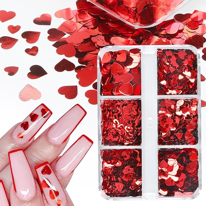 6 Grids Red Heart Nail Glitter Sequins Holographic Mixed Heart and Hollow Heart Nail Art Sequins Valentine's Day Laser Design Nail Charms Glitter Love Nail Flakes for Acrylic Nail Face Decor Supplies