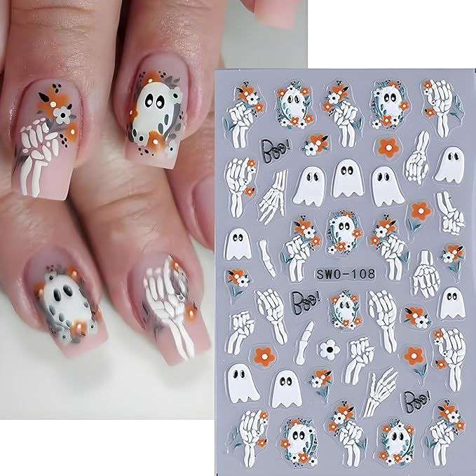 Halloween Nail Art Stickers, Cute Ghost Nail Art Decals 3D Self-Adhesive Skull Pumpkin Black Cat Flower Nail Design 4Pcs Halloween Nail Art Supplies for Women Nail Decoration