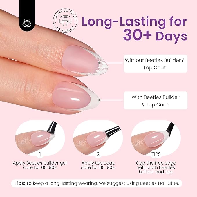 Beetles X Press Plus French Tip Nails - Peach French | Pink Extra Short Square Press On Nails | 15 Sizes 210 Pcs Natural Salon Quality Gel Nail Tips