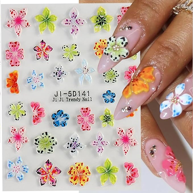 4 Sheets Flower Nail Art Stickers 5D Self Adhesive Spring Nail Stickers for Nails Art Colorful Flower Nail Decals Embossed Design Cute Nail Sticker for Women DIY Acrylic Nails