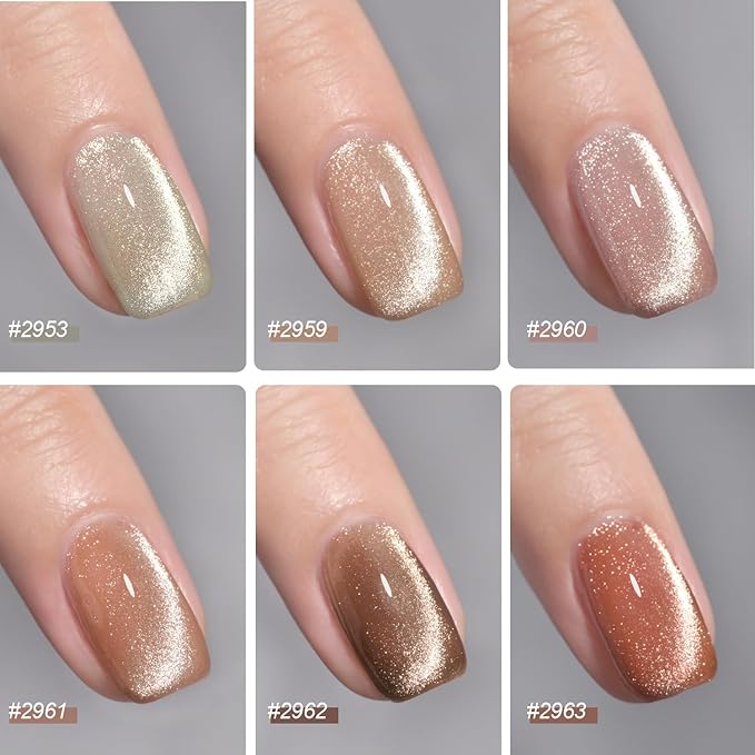 GAOY Glitter Cat Eye Gel Nail Polish Set with Magnet, Sliver, Brown, Pink, Coral Holographic Cat Eye, Salon Gel Manicure and Nail Art DIY at Home, Sunshine