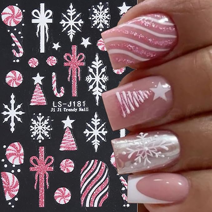 Christmas Nail Art Stickers Glitter Snowflake Candy Self-Adhesive Xmas Nail Decals Nail Art Supplies 6PCS Red Gold Glitter Xmas Tree Bow French Tip HOHO Design Christmas Stickers for Nails Decoration