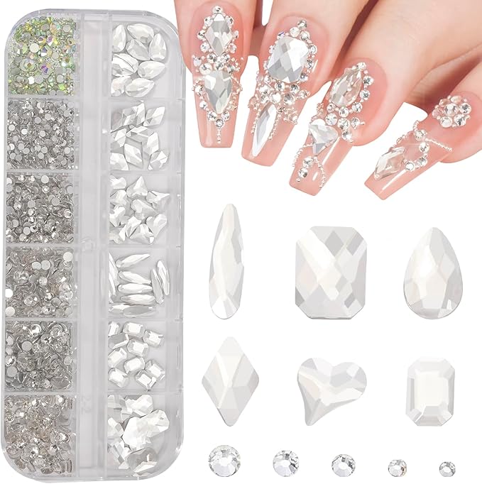 Multi Shapes White 3D Glass Crystal Nail Rhinestones Kit Mix 0.8mm Silver Nail Round Beads Charm Flatback Gems 5 Grids Flatback Rhinestones Stone Diamond for Manicure Makeup DIY Decoration