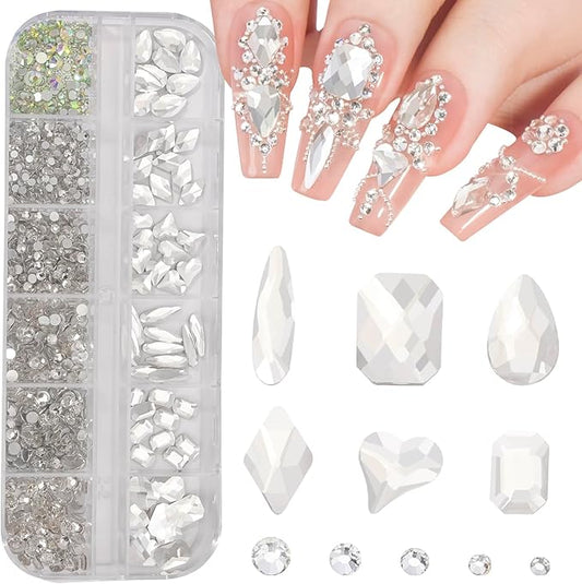 Multi Shapes White 3D Glass Crystal Nail Rhinestones Kit Mix 0.8mm Silver Nail Round Beads Charm Flatback Gems 5 Grids Flatback Rhinestones Stone Diamond for Manicure Makeup DIY Decoration