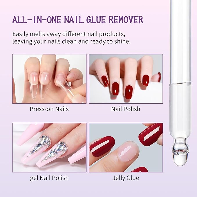 60 ML Nail Glue Remover for Press on Nails with Crystal Stick, Acetone-Free Odorless Nail Gel Glue Remover, Soft Painless Removal for Nail Tips