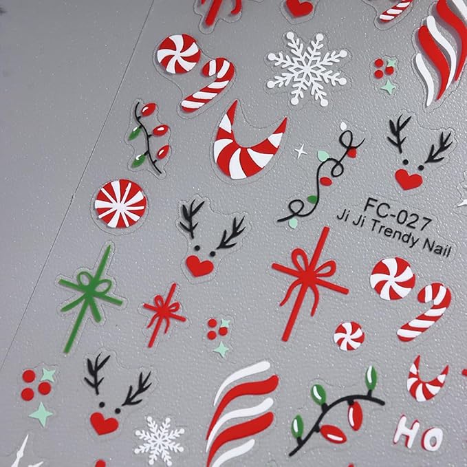 Christmas Nail Stickers for Nail Art, French Gift Bow Snowflake Nail Art Stickers 6PCS Colorful Light Candy Cane Deer HoHo Xmas Nails Design Adhesive Decals for Acrylic Nails DIY Manicure Decorations