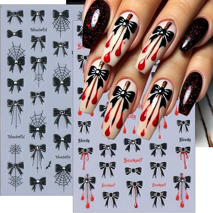 4 Sheets Halloween Nail Art Stickers Black Bow Spider Web Y2K Nail Decals 3D Self-Adhesive Bloody Drop Bowknot Nails Stickers Gothic Halloween Nails Decorations for Women Holiday DIY Manicure Supplies