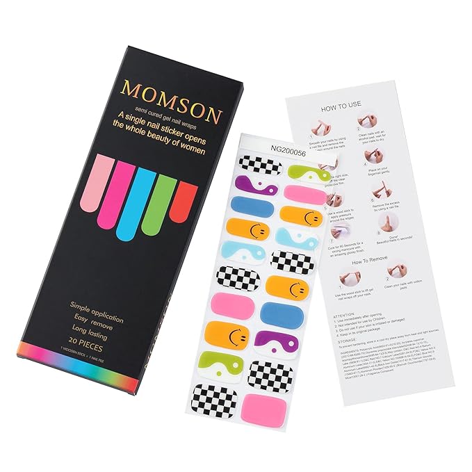 MOMSON Semi Cured Gel Nail Strips - 20 Real Gel Nail Polish Stickers/Full Nail Wraps - Art Manicure Kits for DIY at Home, Salon-Quality, Easy to Apply & Remove (Rainbow Unicorn)