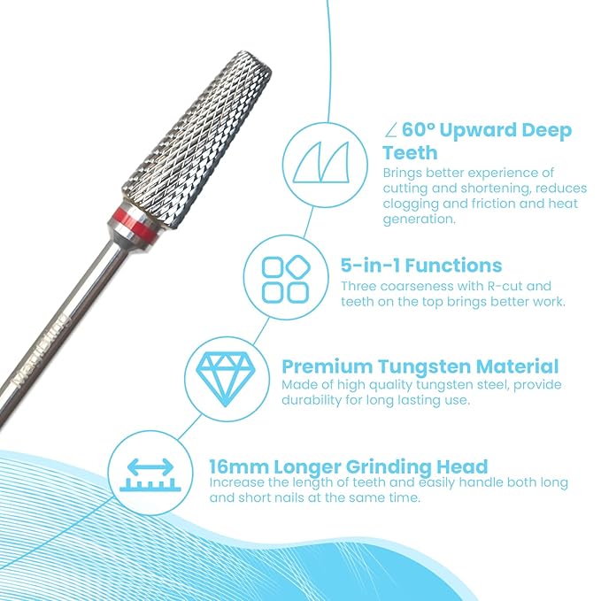Super Cut 5 In 1 Nail Drill Bits, Tapered Barrel 3/32'' Safety Tungsten Bits, Upward Cut for Hard Gel Removal, Right Hand Use, Manicure Cuticle Gel Polishing, Technicians Bits, Fine.