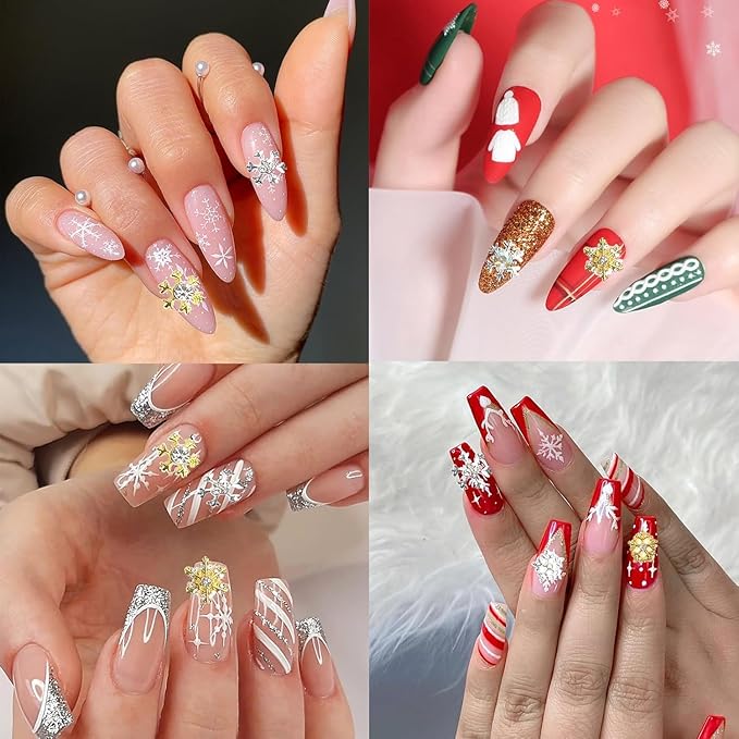 28 Pcs Christmas Nail Art Charms - Gold & Silver Snowflake NailArt Rhinestones & Gems for Acrylic Nails