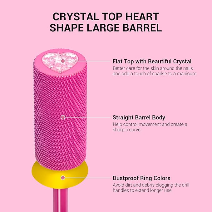MelodySusie Large Barrel 3/32'' Tungsten Carbide Nail Drill Bit, Crystal Top Pink Heart Shape, Fast Remove Acrylic Gel, Cuticle Gel Polishing for Manicure Pedicure, Pink Blossom, Series Bit-S, XF