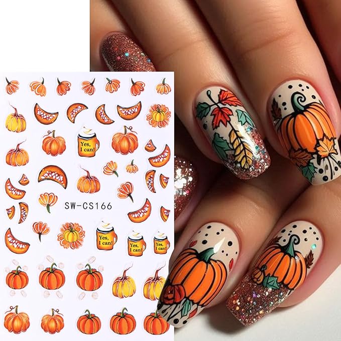Pumpkin Nail Art Stickers Fall Maple Leaf Nail Decals 6 Sheets 3D Self-Adhesive Maple Leaves Pumpkin Nail Design Nail Art Supplies Fall Stickers for Nails Women DIY Manicure Decorations Accessories
