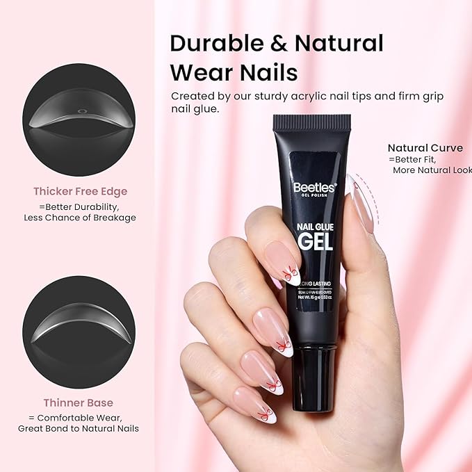 Beetles Gel Nail Kit Medium Almond with Nail Dehydrator and Primer, 576Pcs Half Matte Etch-X Gel Nail Tips Solid Nail Glue Mini Nail Lamp Acrylic Nail Tips Easy DIY Nail Extension Set Gift for Women