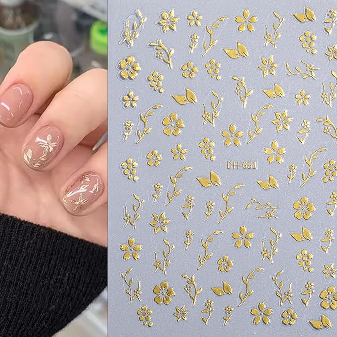 6 Sheets Flower Nail Stickers 3D Metallic Flower Leaf Nails Decals White Silver Gold Floral Nail Art Stickers Self Adhesive Hibiscus Flowers Nail Art Design Sticker for Women DIY Nail Accessories