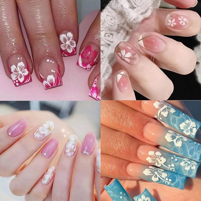 8Sheets Hibiscus Flower Nail Stickers - 3D Self-Adhesive Nail Decals in Gold, Silver, Blue, Pink & Holographic for Women's Manicure