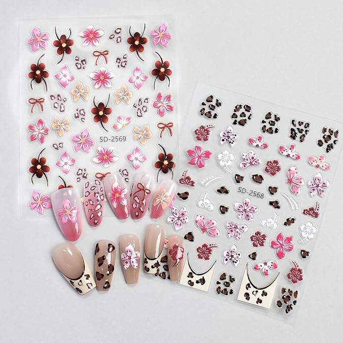 6Sheets Leopard Print Nail Art Stickers 5D Embossed Colorful Lily Flower Nail Decals Self-Adhesive Leopard Print French Tip Nail Sticker Cute Floral Decal for Women Manicure Decoration Accessories