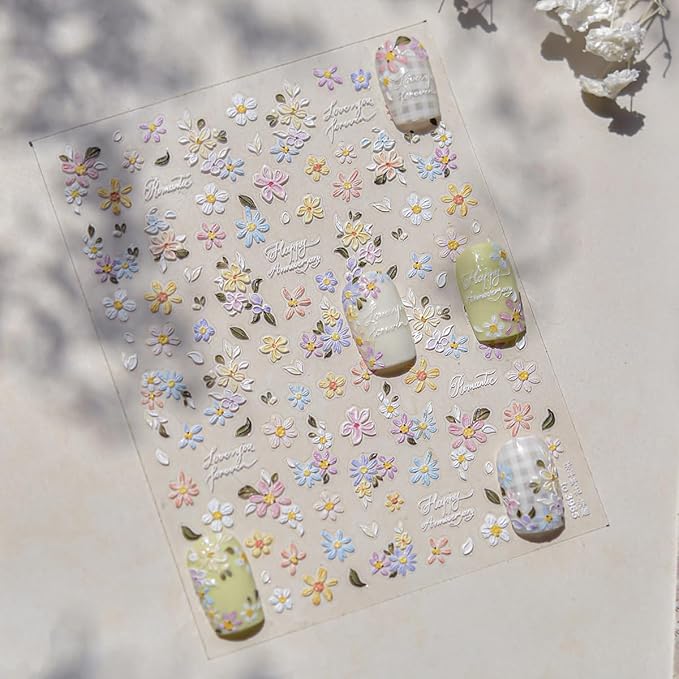 Flower Nail Stickers Decals Embossed Colorful Flowers Nail Decals 5D Relief Floral Self-Adhesive Nail Design Stickers for Women DIY Manicure Decoration Supplies