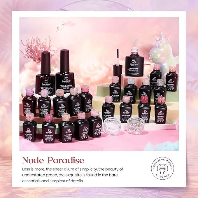 Beetles Nude Pink Gel Nail Polish Set, Nude Paradise Gel Polish Kit 25PCS 20 Colors Jelly Pink Sheer Glitter White Soak Off UV Base Glossy Matte Top Coat Pearls Rhinestones Nail Charms Gift for Women